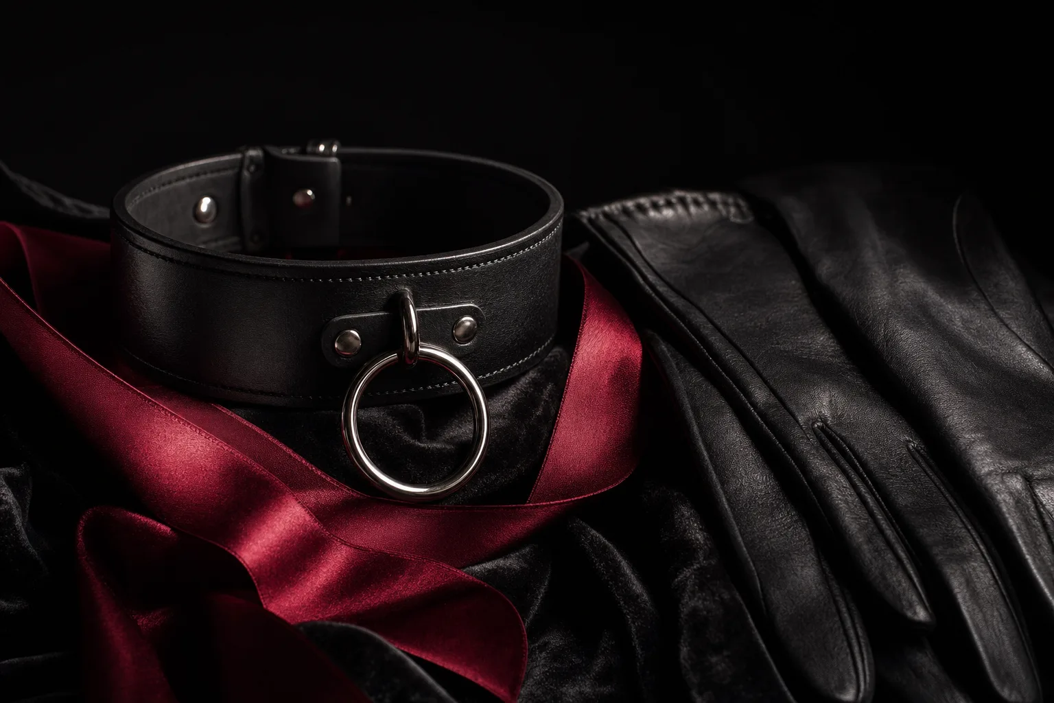 Collier en cuir noir et anneau argenté posés sur du velours : les codes d’une rencontre dominatrice réussie